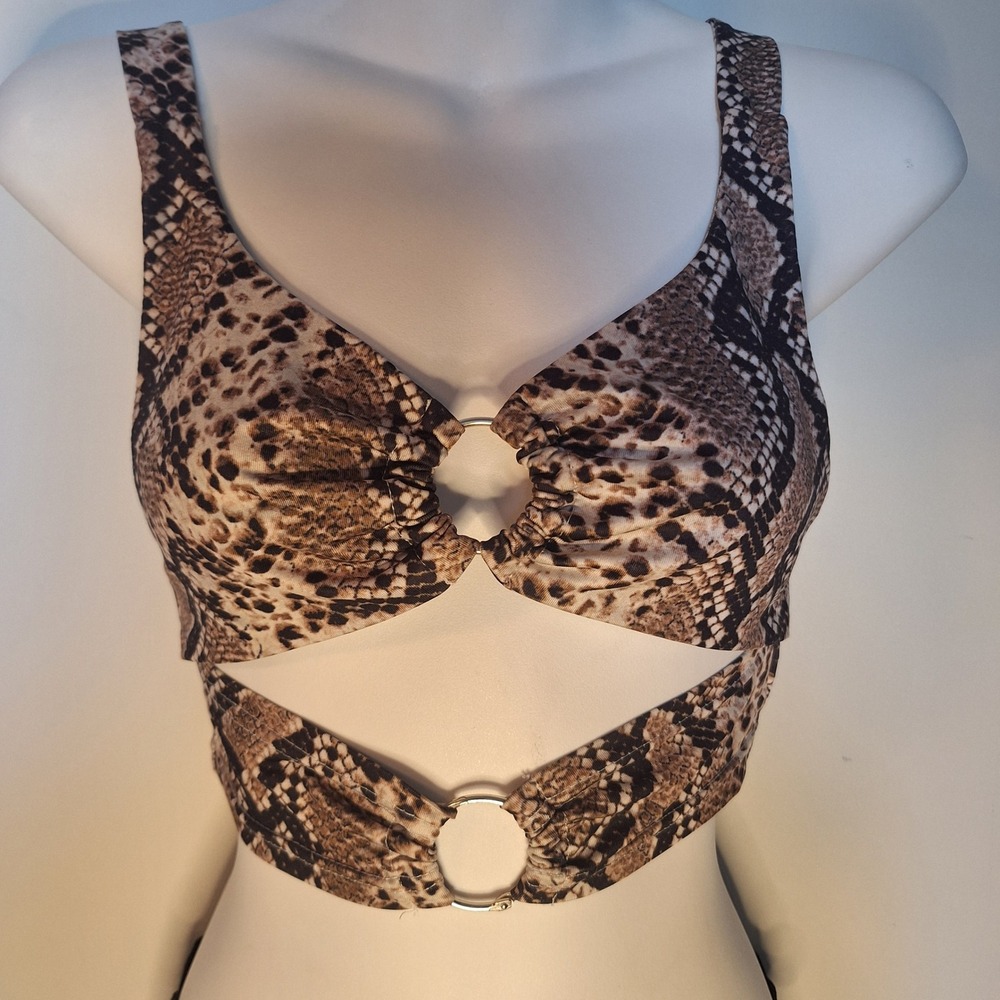 SHEIN Snake Print O-Ring Cut Out Crop Top Brown Tan Animal Print Size Small